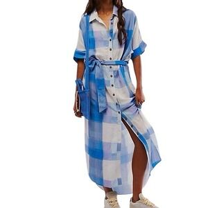 NEW Jens Pirate Booty ocean front button down Plaid Linen Blend Shirt Dress S